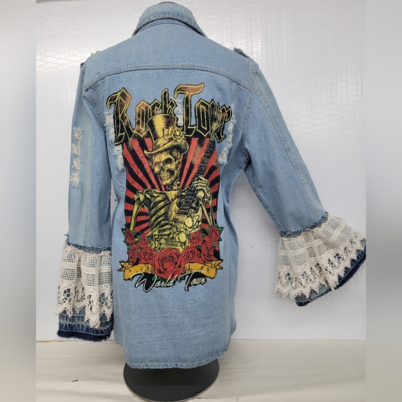 Tanming / Vamp Designs Jackets & Blazers - Rock Tour Jean Jacket with Lace Gypsy Bell Sleeves Upcycled Retro Rock Merc